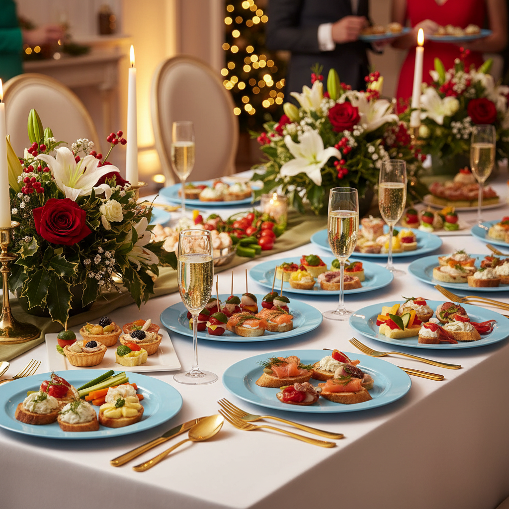 Assiettes rondes bleu ciel 19cm sur buffet festif avec champagne