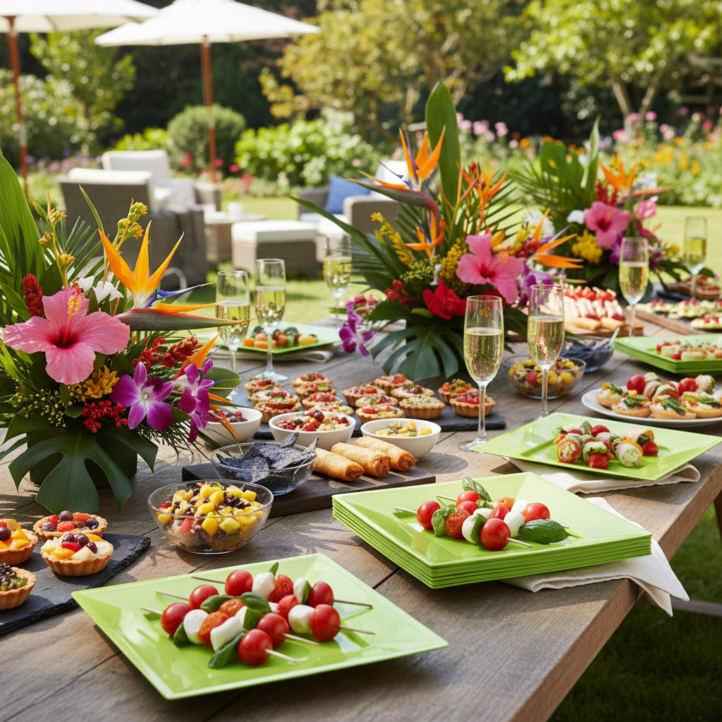 Assiettes carrées vert anis 18 cm sur buffet estival outdoor tropical avec champagne et fleurs