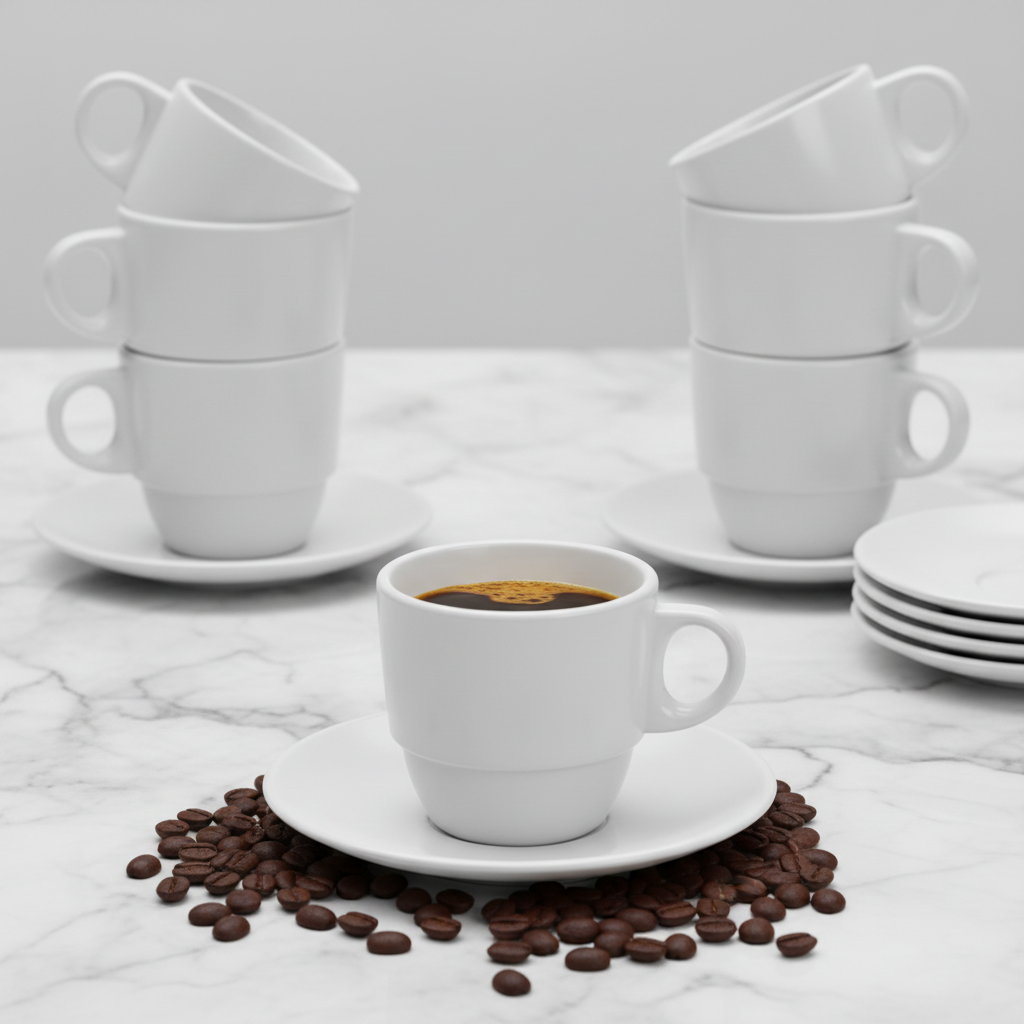 Tasse à café blanche incassable SAN sur marbre avec espresso