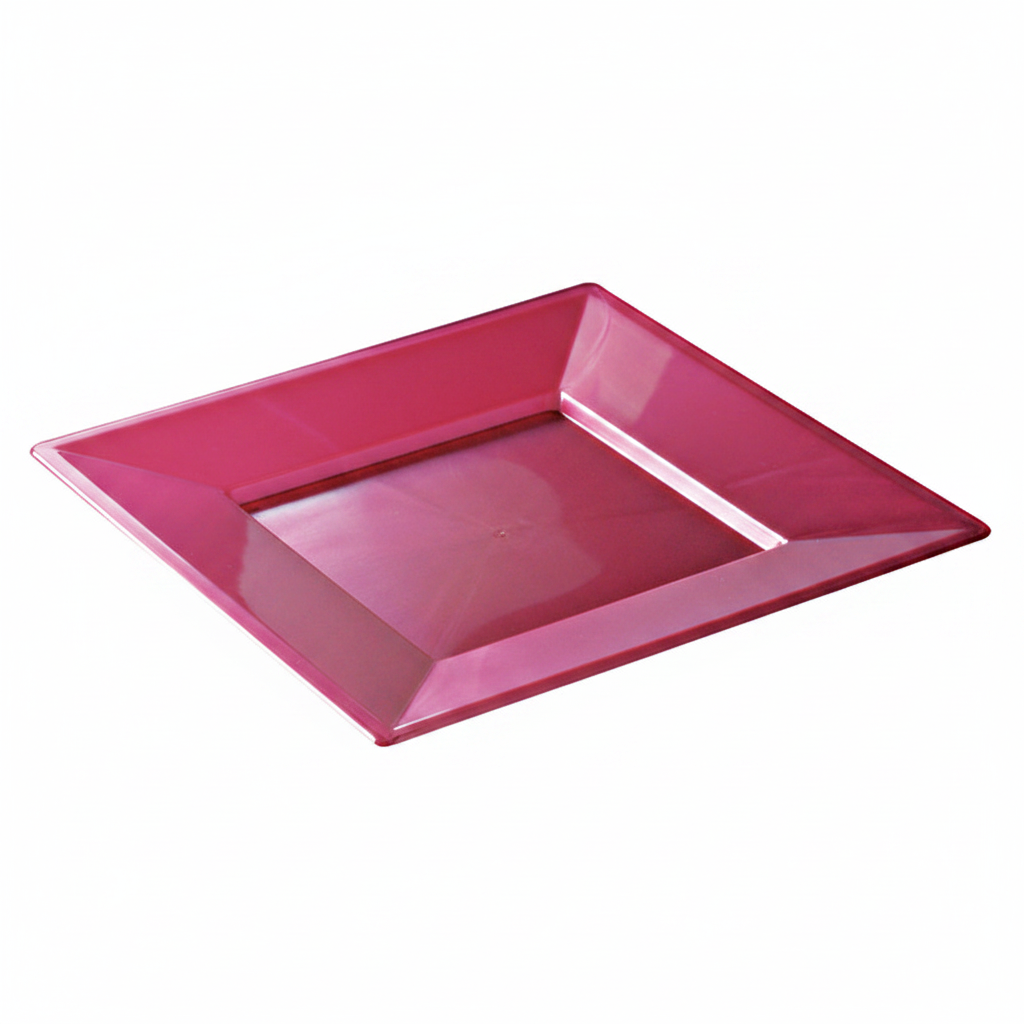 Assiette réutilisable carrée rose magenta 24 cm recyclable, photo studio fond blanc, packshot produit