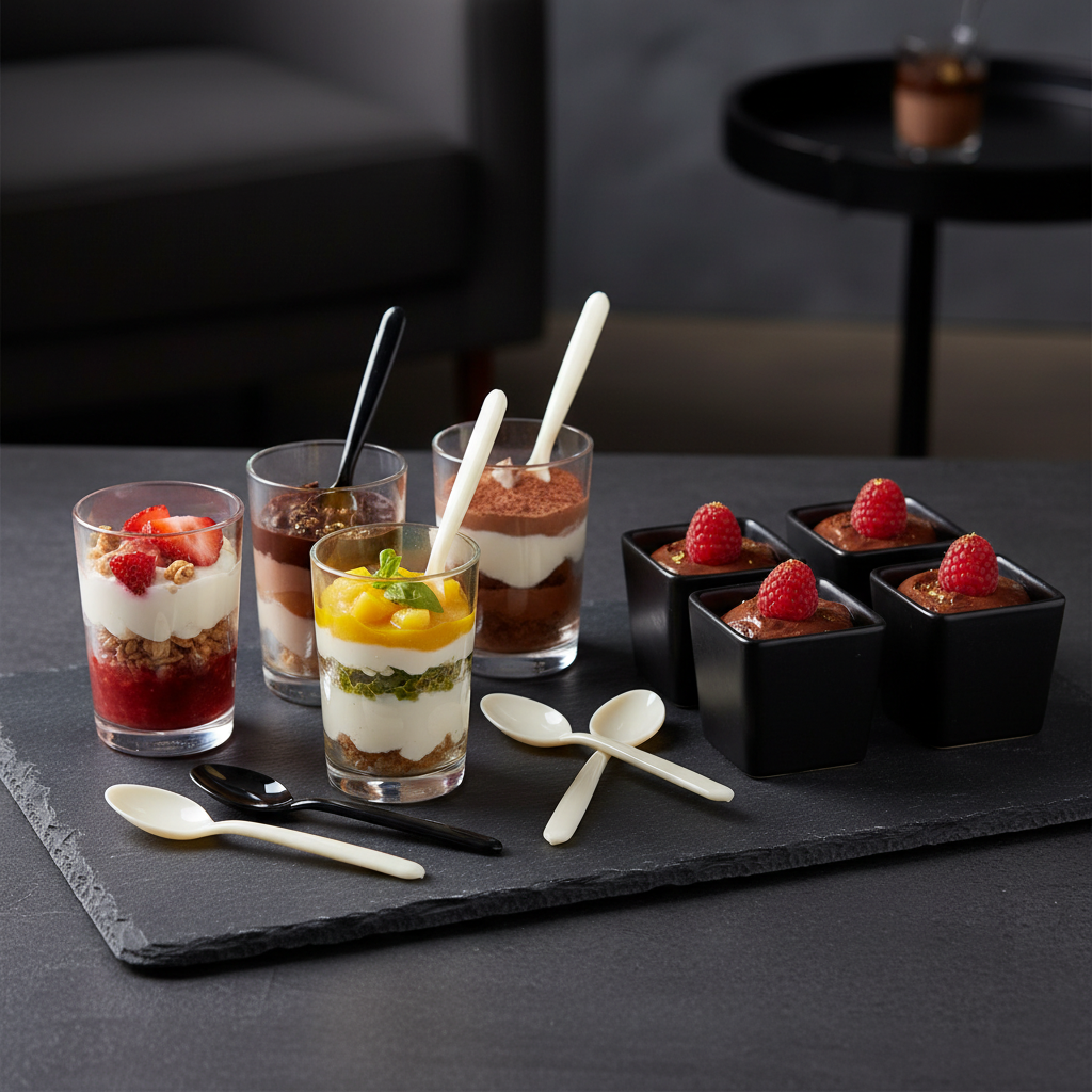Cuillères à dessert cristal sur ardoise avec verrines élégantes