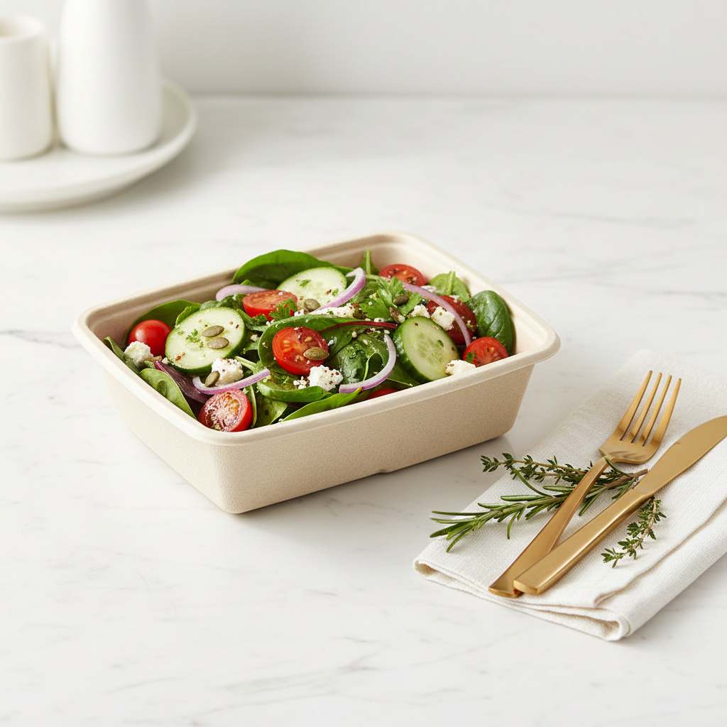 Barquette bagasse naturelle – mise en situation sur marbre avec salade