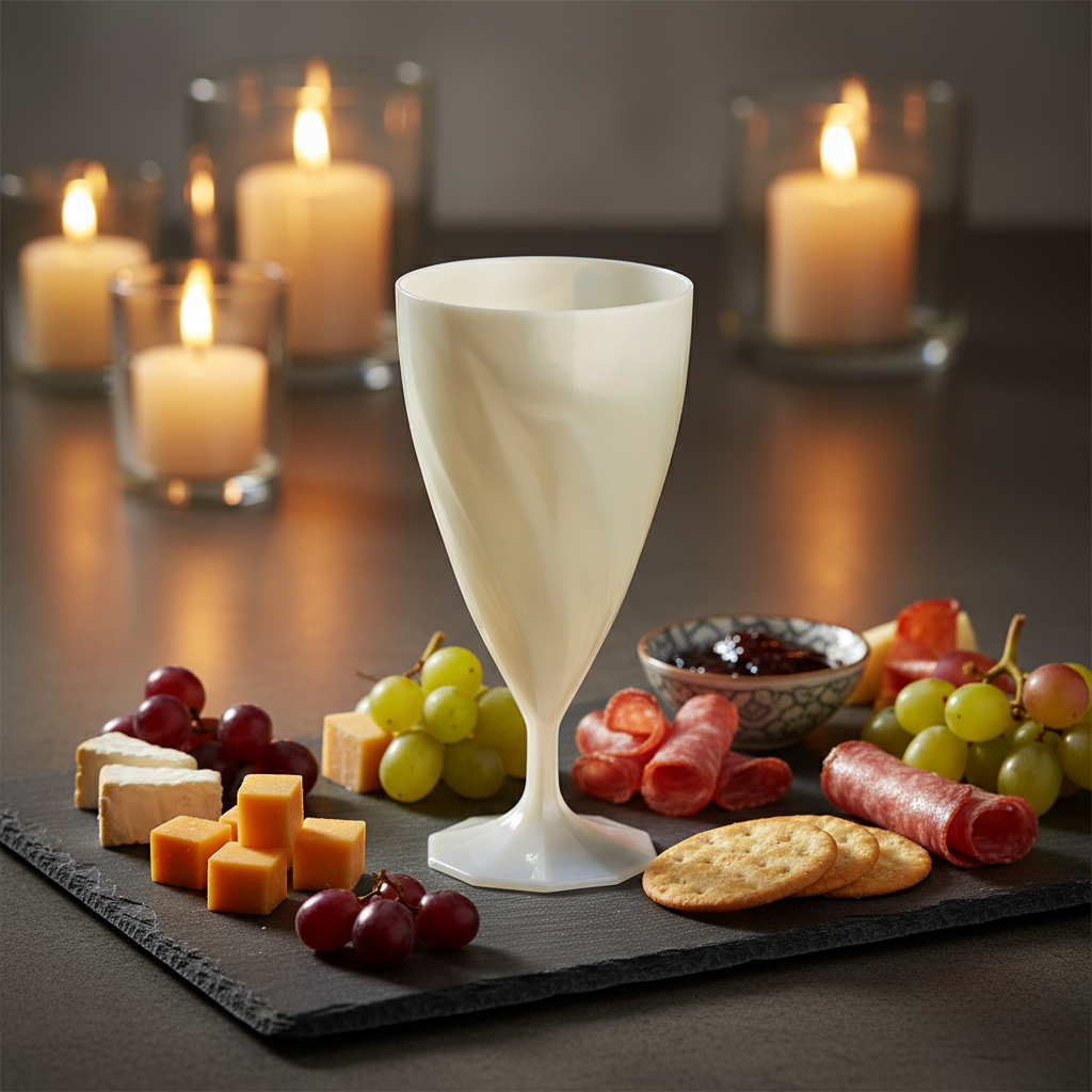 Verre à eau torsadé blanc nacré 20cl sur ardoise avec charcuterie et bougies