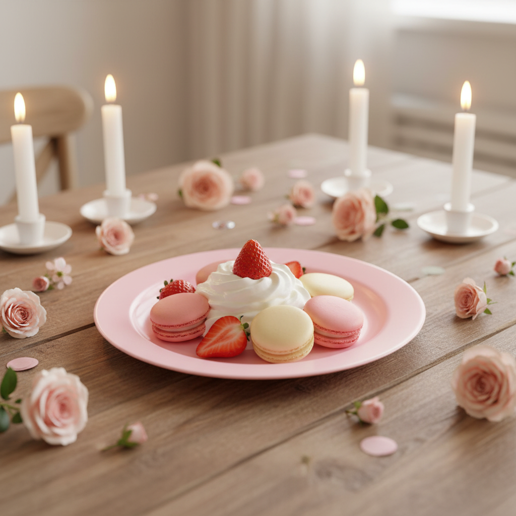 Assiette ronde rose pastel 24 cm avec macarons fraises et crème, décoration baby shower