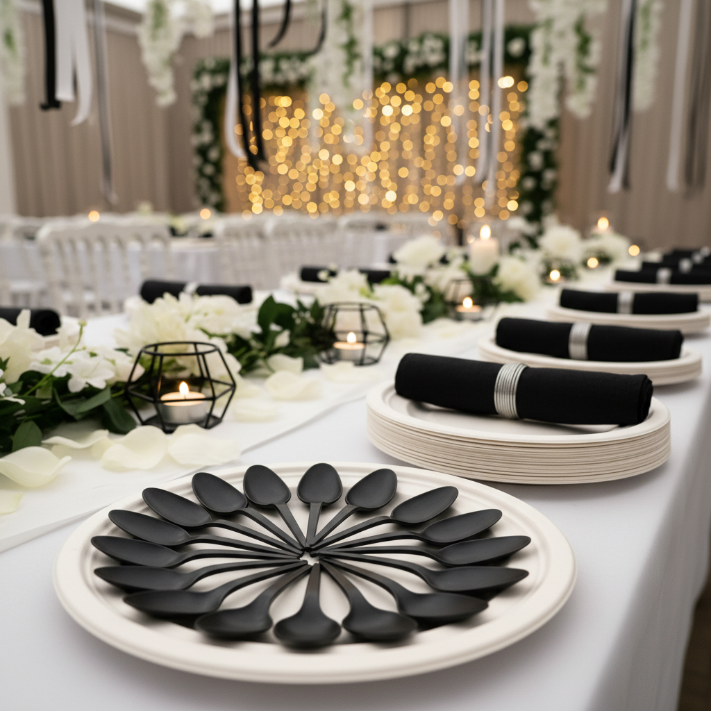 Cuillères CPLA noires sur buffet mariage avec assiettes fibre canne à sucre et serviettes noires