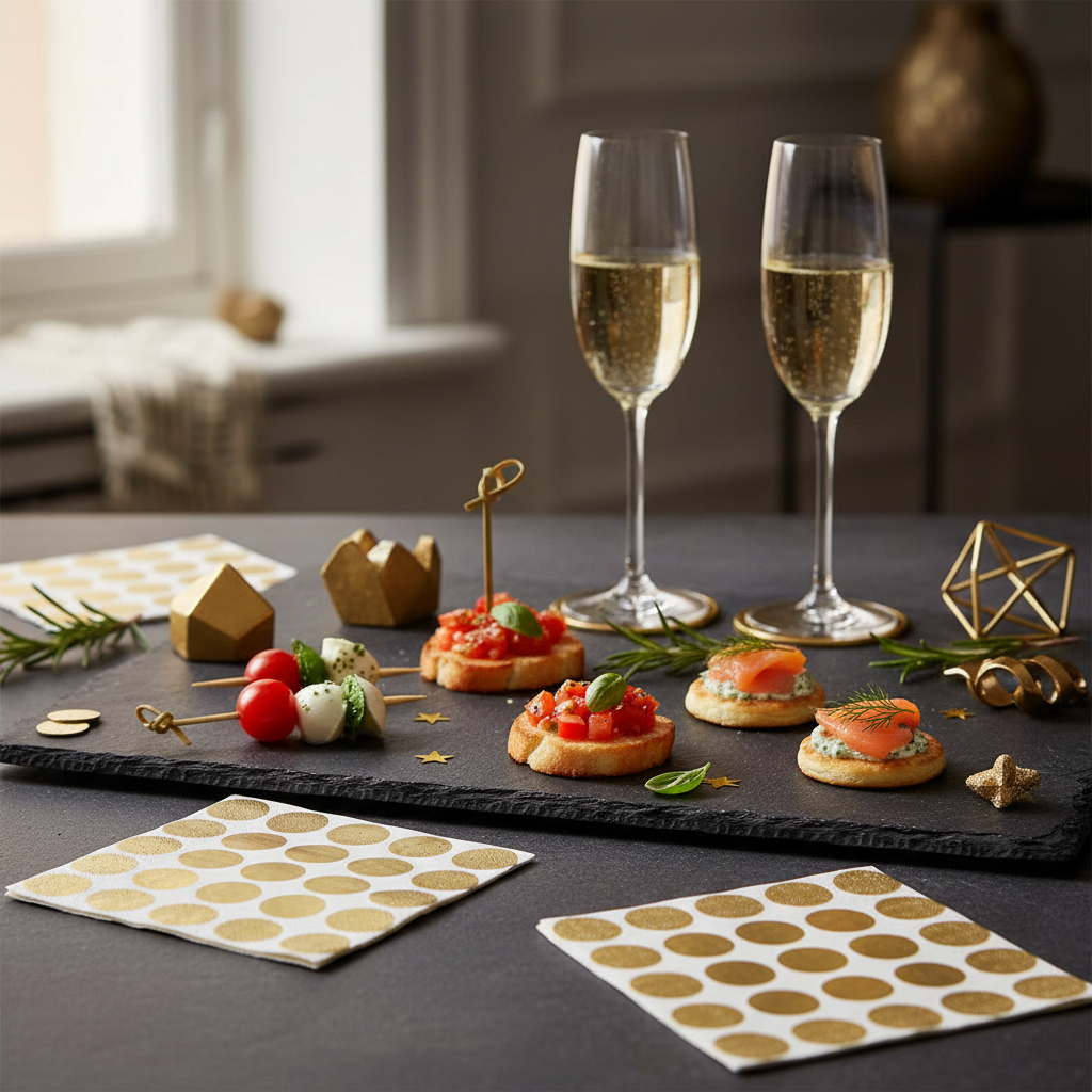 Serviette cocktail pois or - mise en situation apéritif ardoise