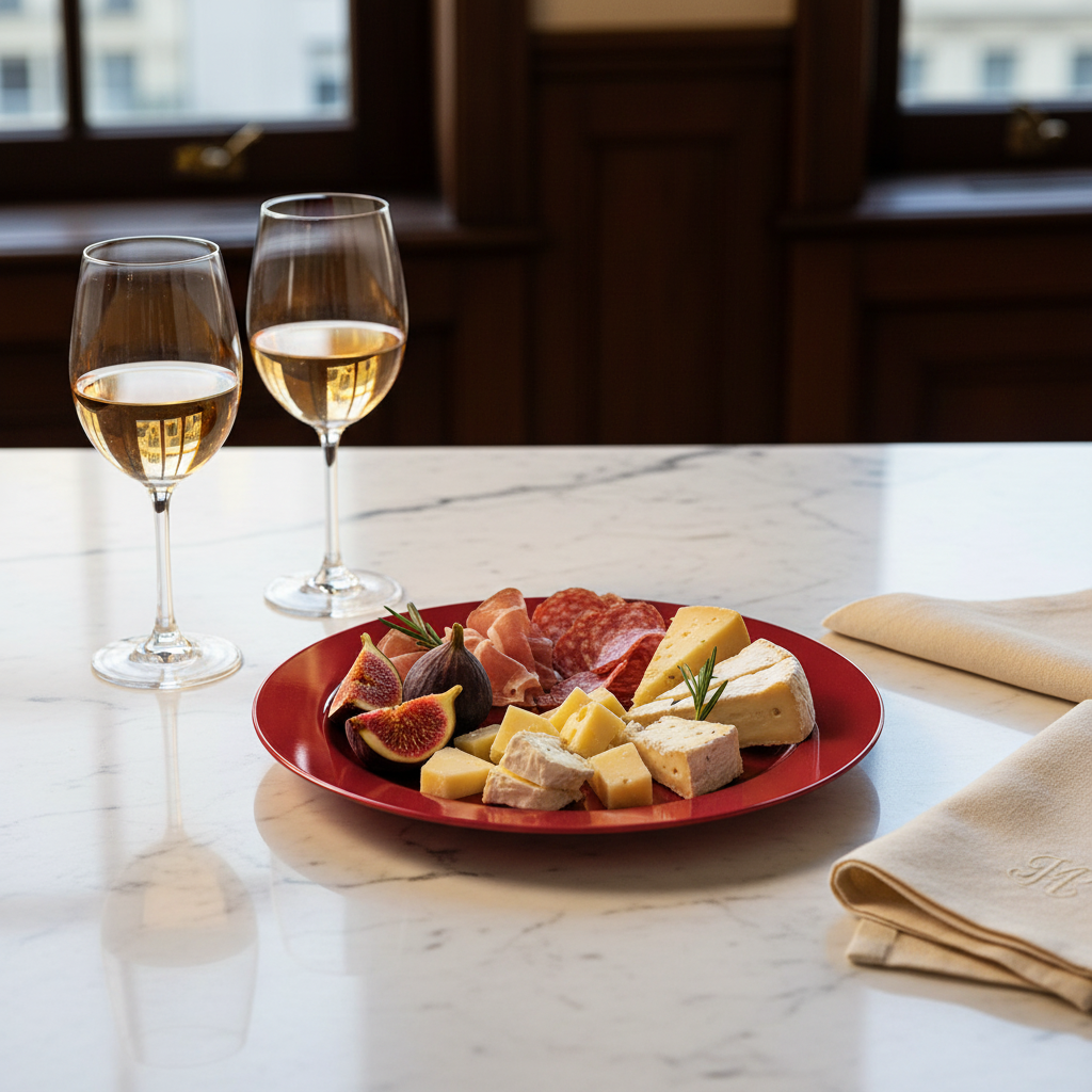 Assiette rouge carmin - mise en situation marbre
