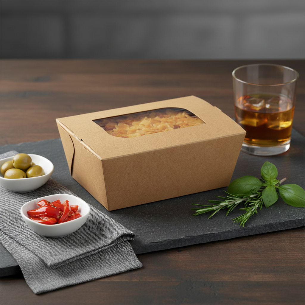 Boîte repas kraft fenêtre – mise en situation apéritif sur ardoise