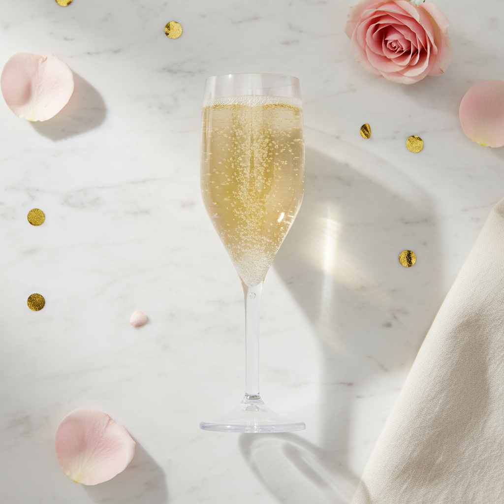 Flûte champagne SAN incassable sur marbre festif luxe