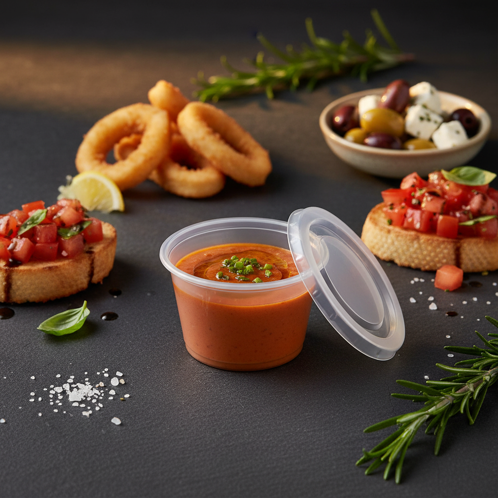 Pot à coulis en PET cristal transparent 500 ml sur ardoise avec apéritif élégant
