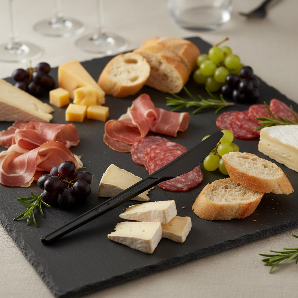 Couteau noir bio amidon maïs sur ardoise apéritif fromage élégant