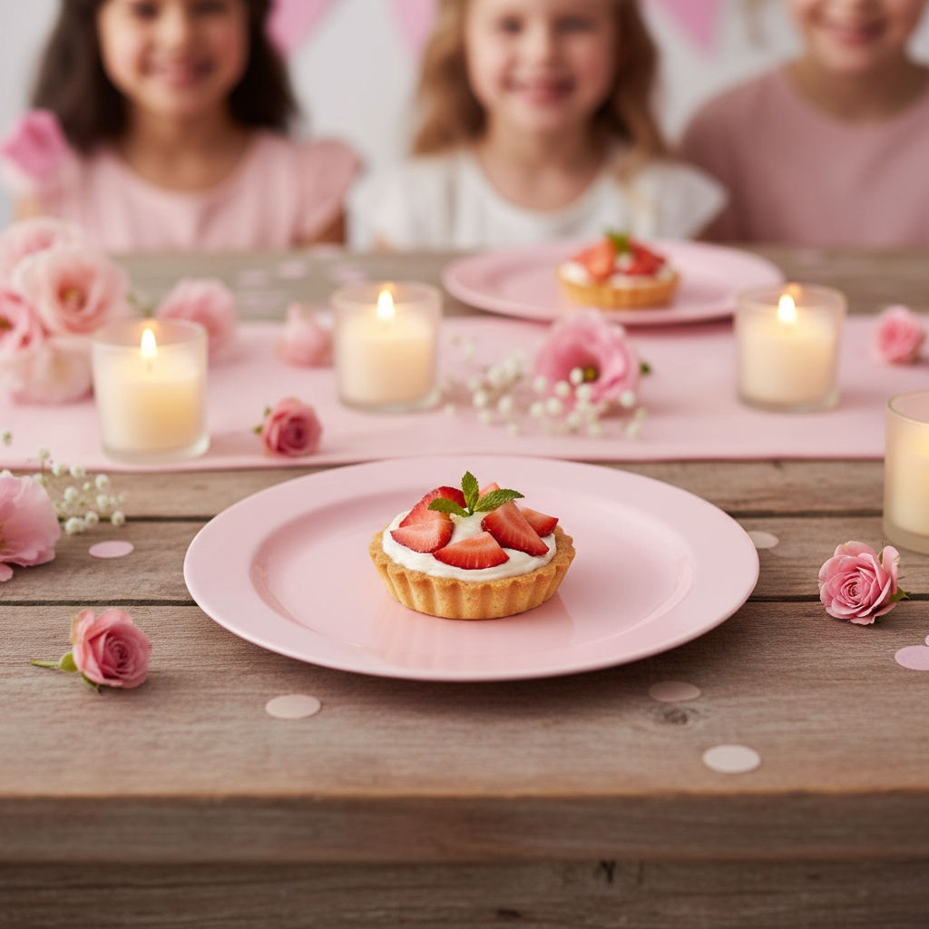 Assiette ronde rose pastel 19 cm avec mini-tartelette fraises et crème, décoration baby shower