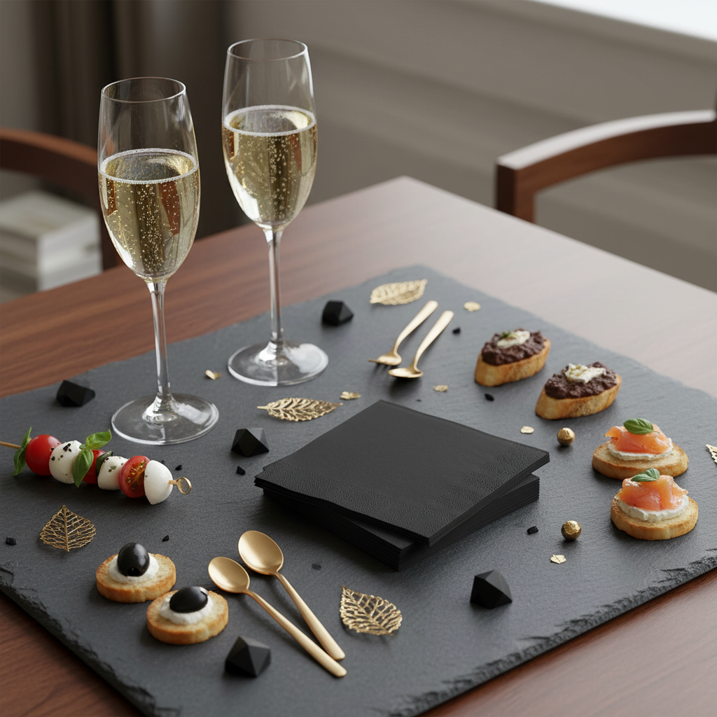 Serviette noire biodégradable - mise en situation apéritif ardoise