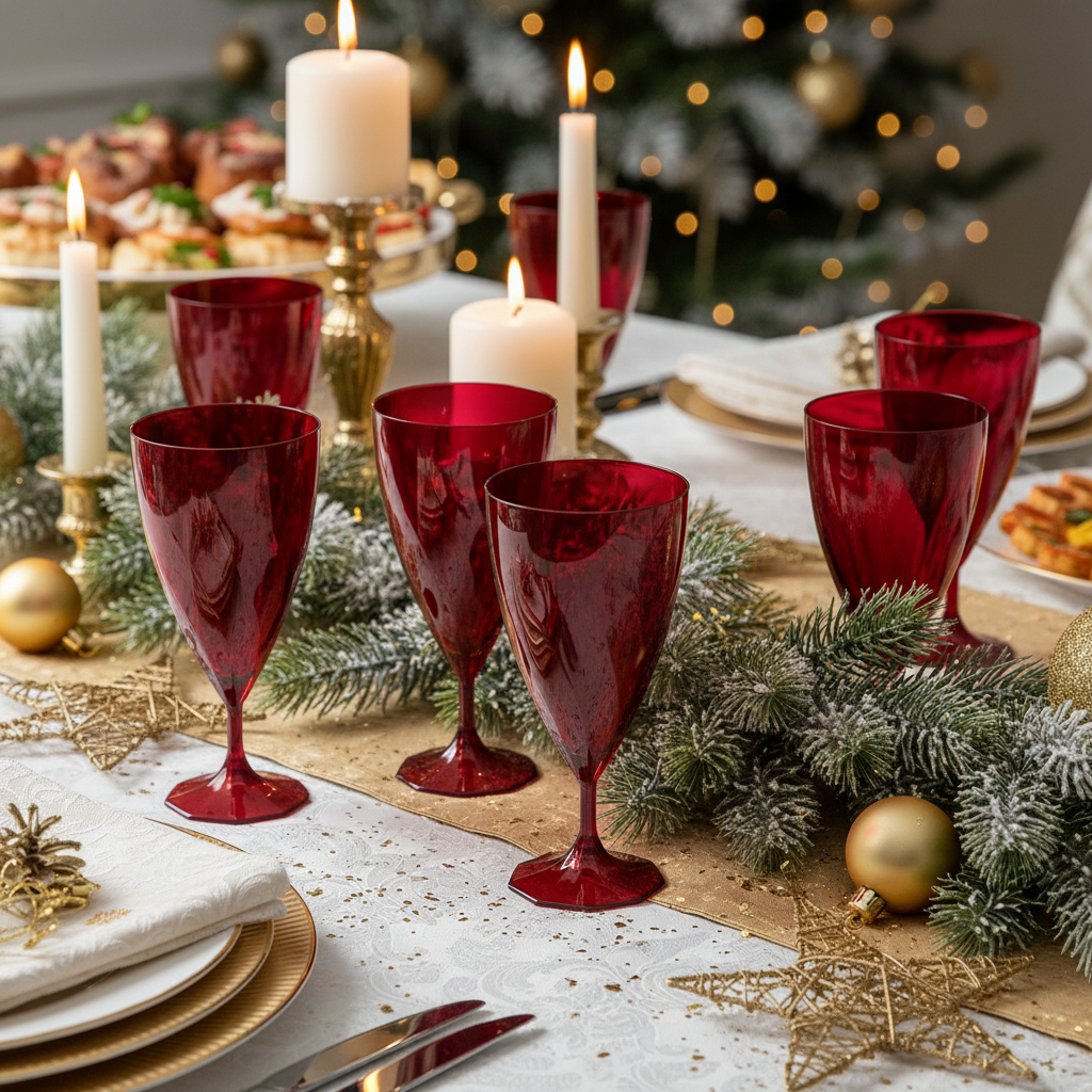 Verres rouge carmin torsadés sur buffet festif de Noël