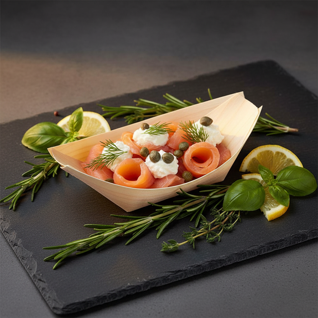 Barquette pirogue bois biodégradable garnie de saumon fumé sur ardoise, apéritif élégant