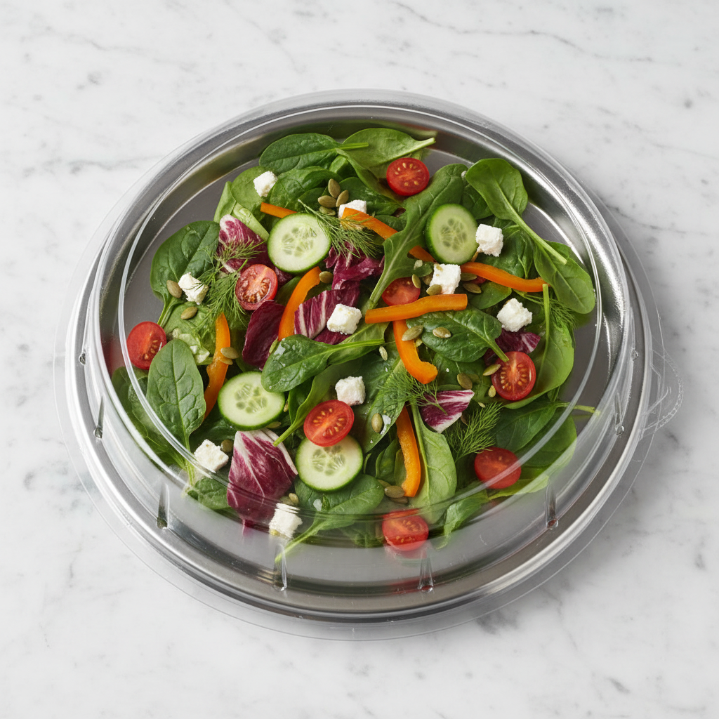 Couvercle dôme rPET plateau rond salade marbre flat lay