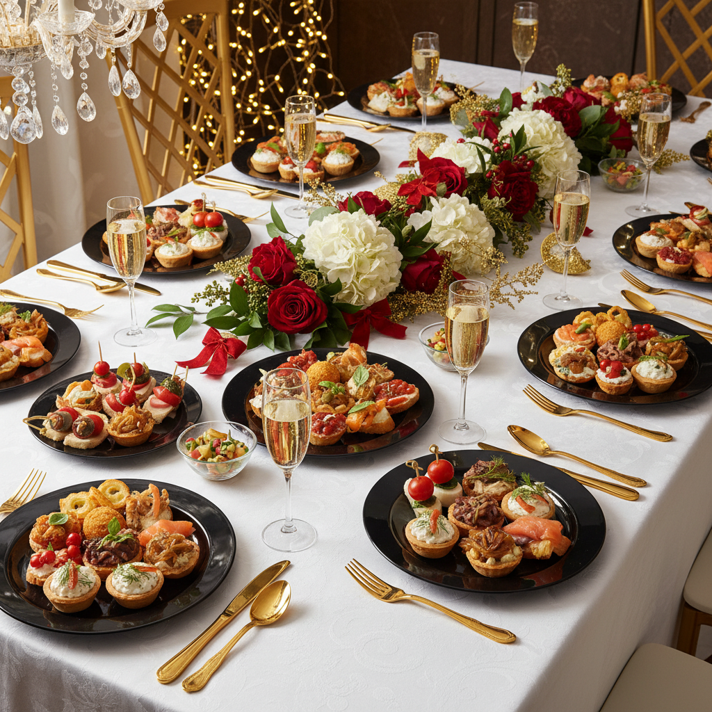 Assiettes rondes noires 24cm sur buffet festif avec champagne