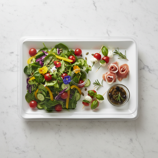 Couvercle dôme rPET plateau rectangulaire marbre flat lay
