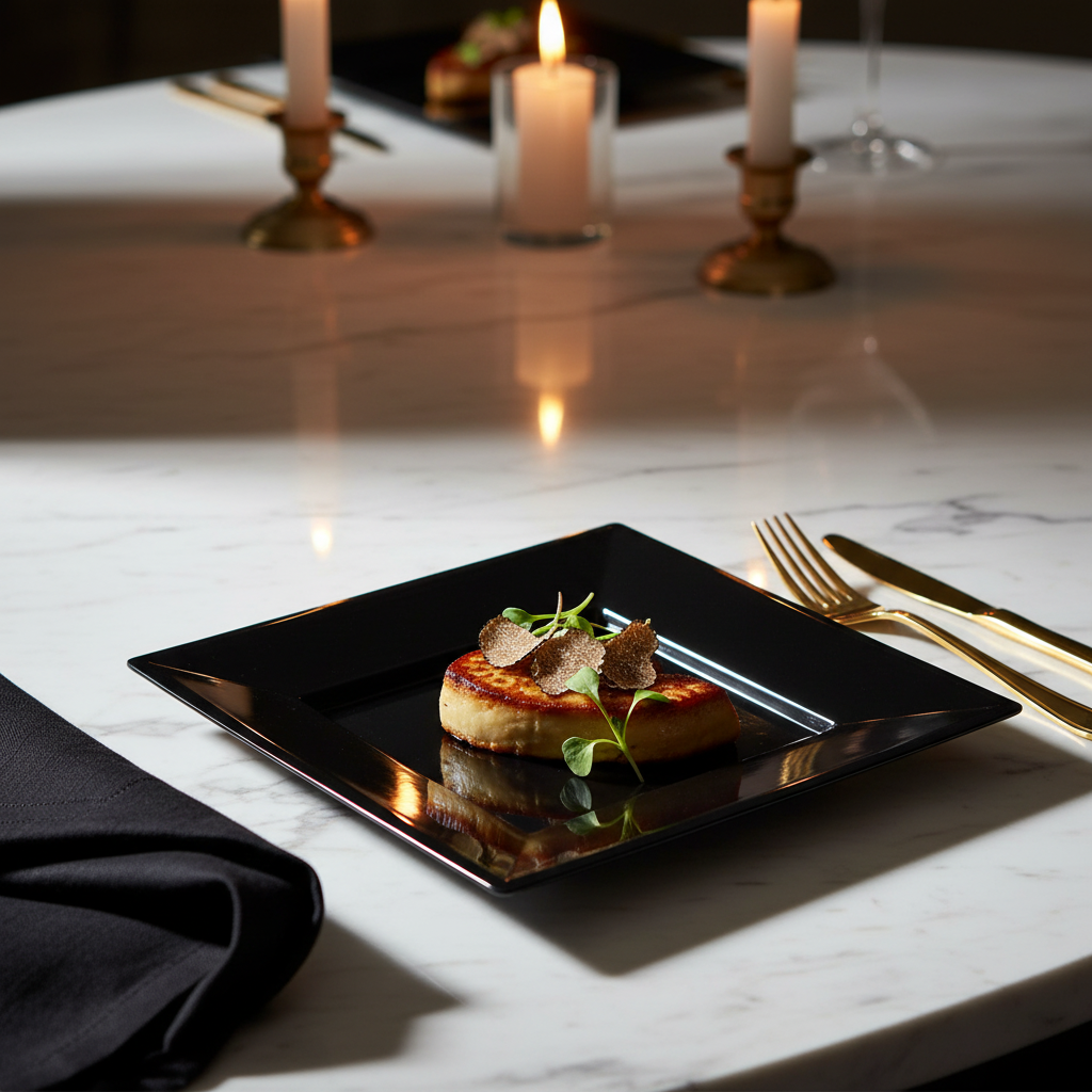 Assiette carrée noire 24 cm avec foie gras truffe et microgreens sur marbre blanc, dîner gala luxe