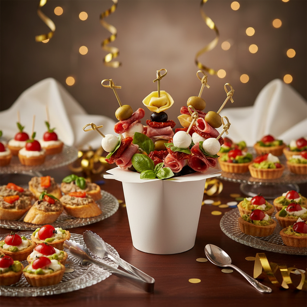 Boîte à pâtes en carton blanc 480 ml sur buffet festif avec apéritifs colorés