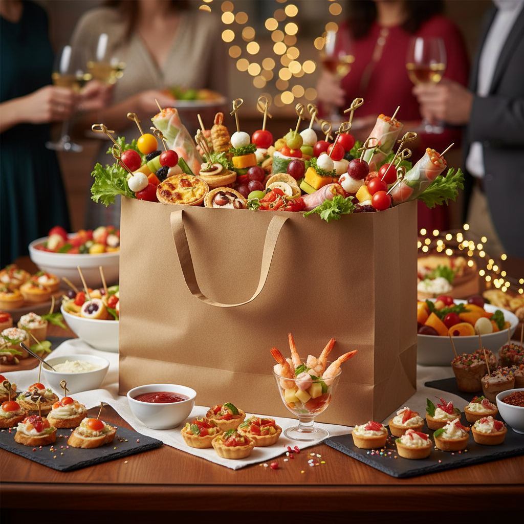 Sac cabas kraft brun 32x22x26 cm sur buffet festif avec apéritifs colorés