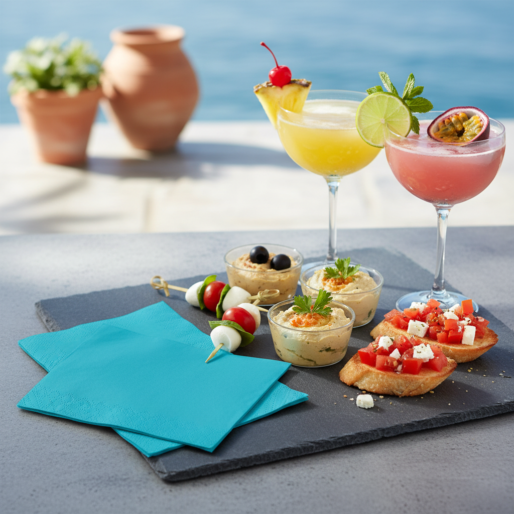 Serviette turquoise 40cm biodégradable - mise en situation apéritif ardoise