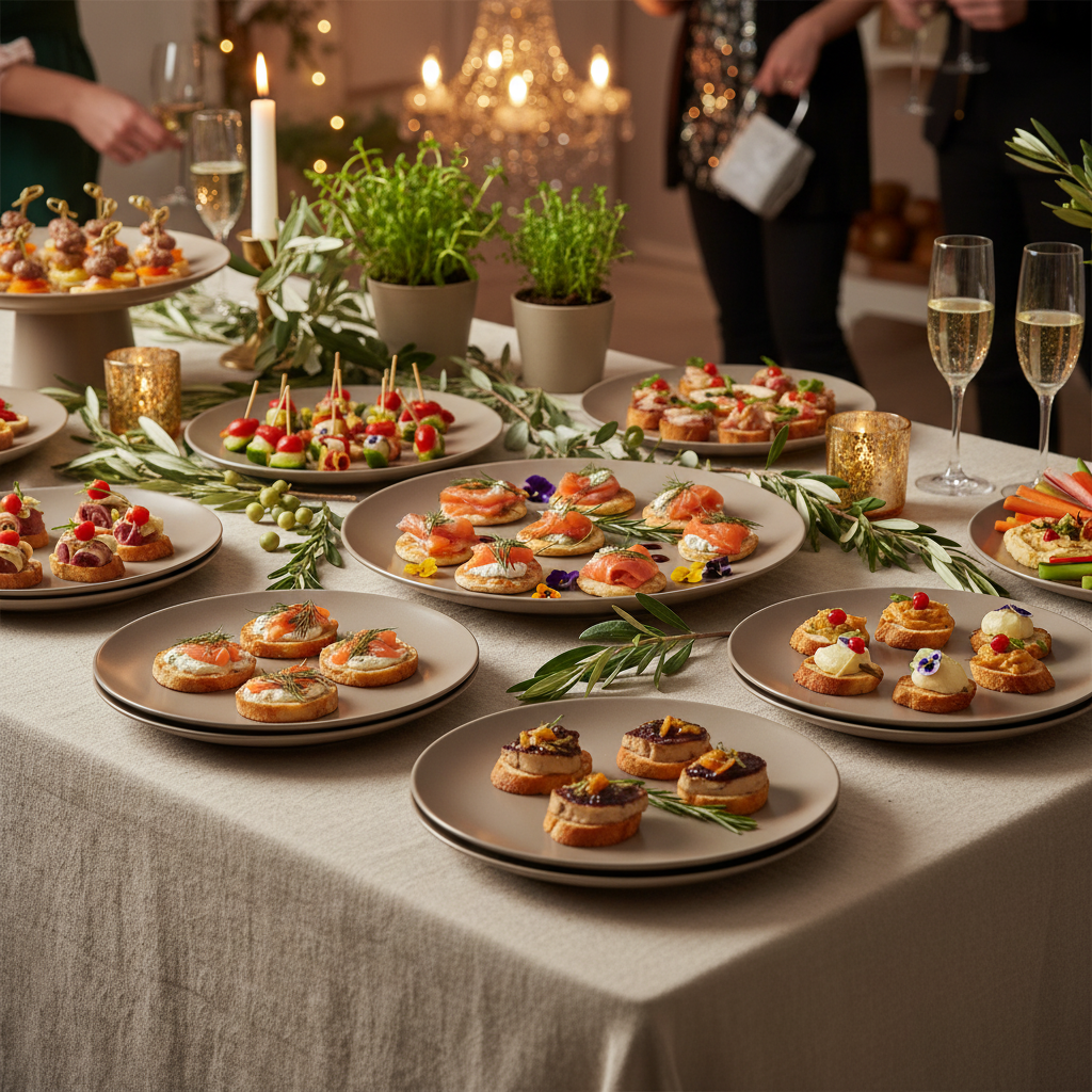 Assiettes taupe sur buffet festif