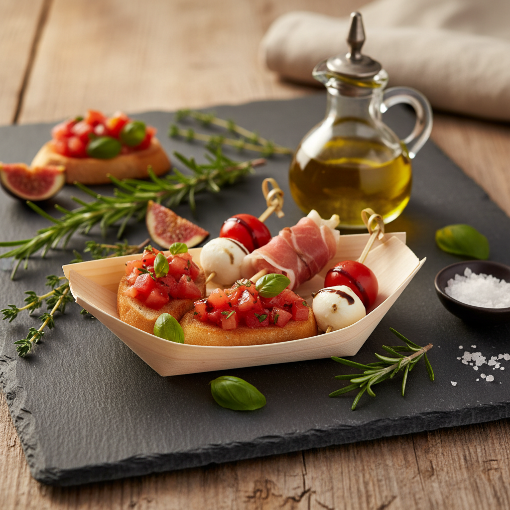 Barquette bois pirogue garnie d’amuse-bouches sur ardoise élégante