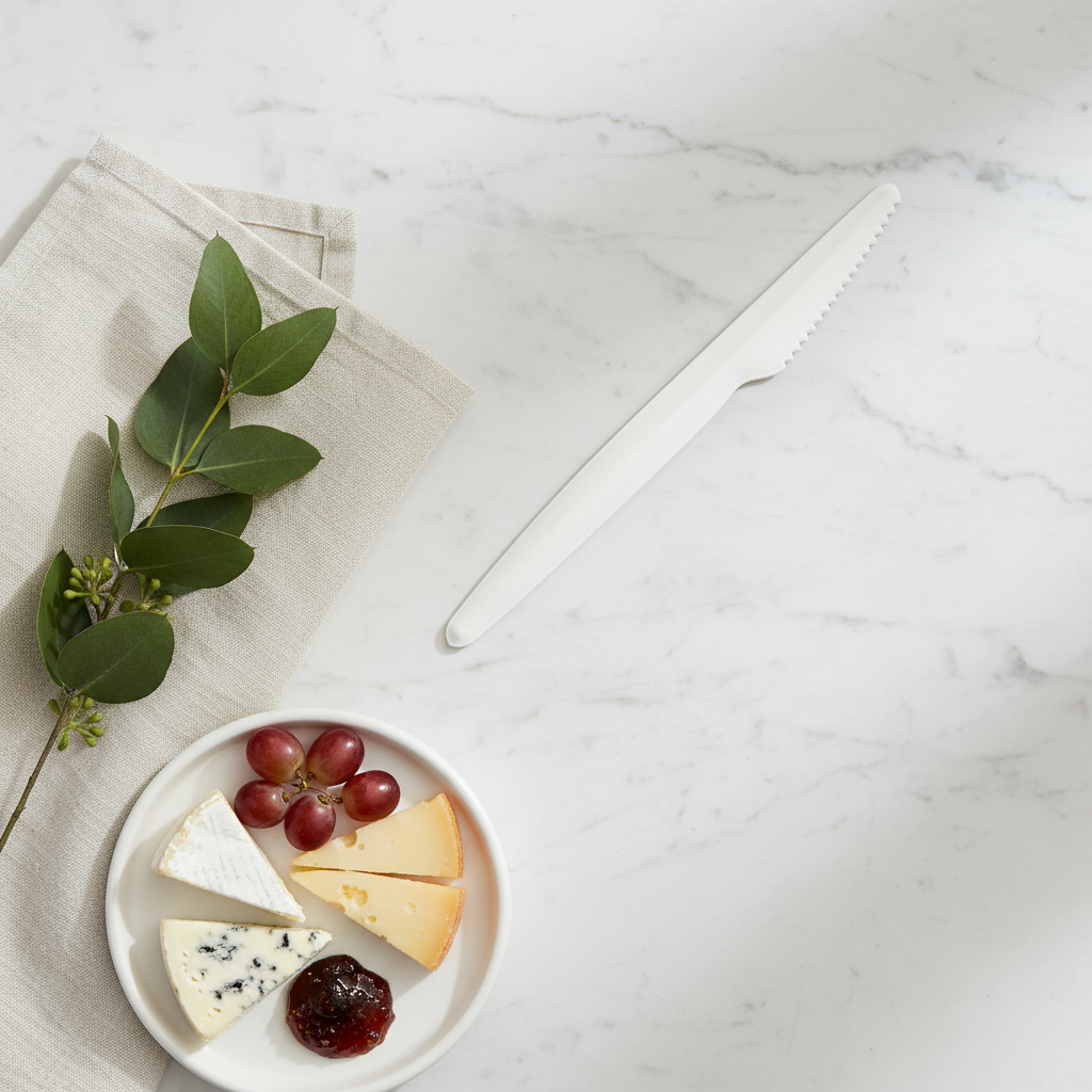 Couteau carton blanc bio sur marbre table éco-luxe