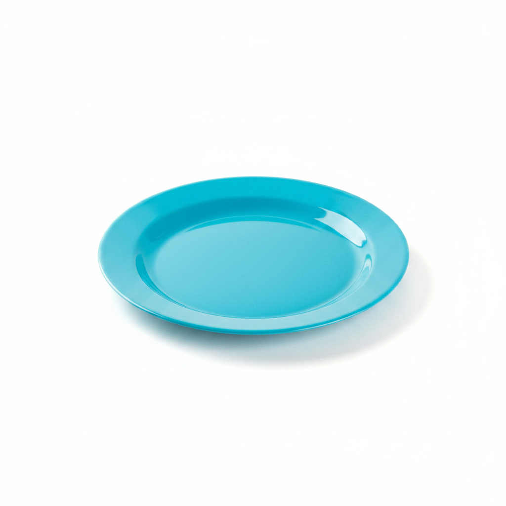 Assiette ronde réutilisable turquoise 19 cm recyclable, photo studio fond blanc, packshot produit