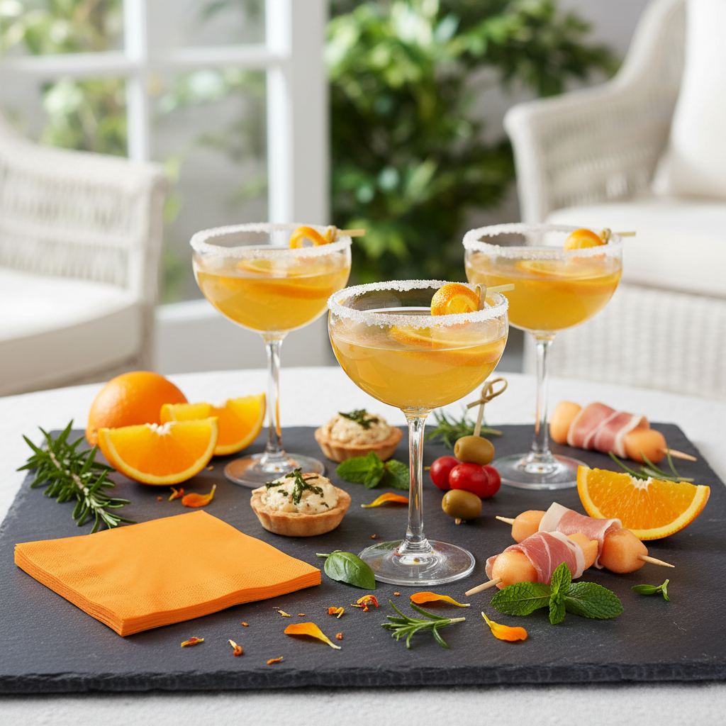 Serviette clémentine orange - mise en situation apéritif ardoise