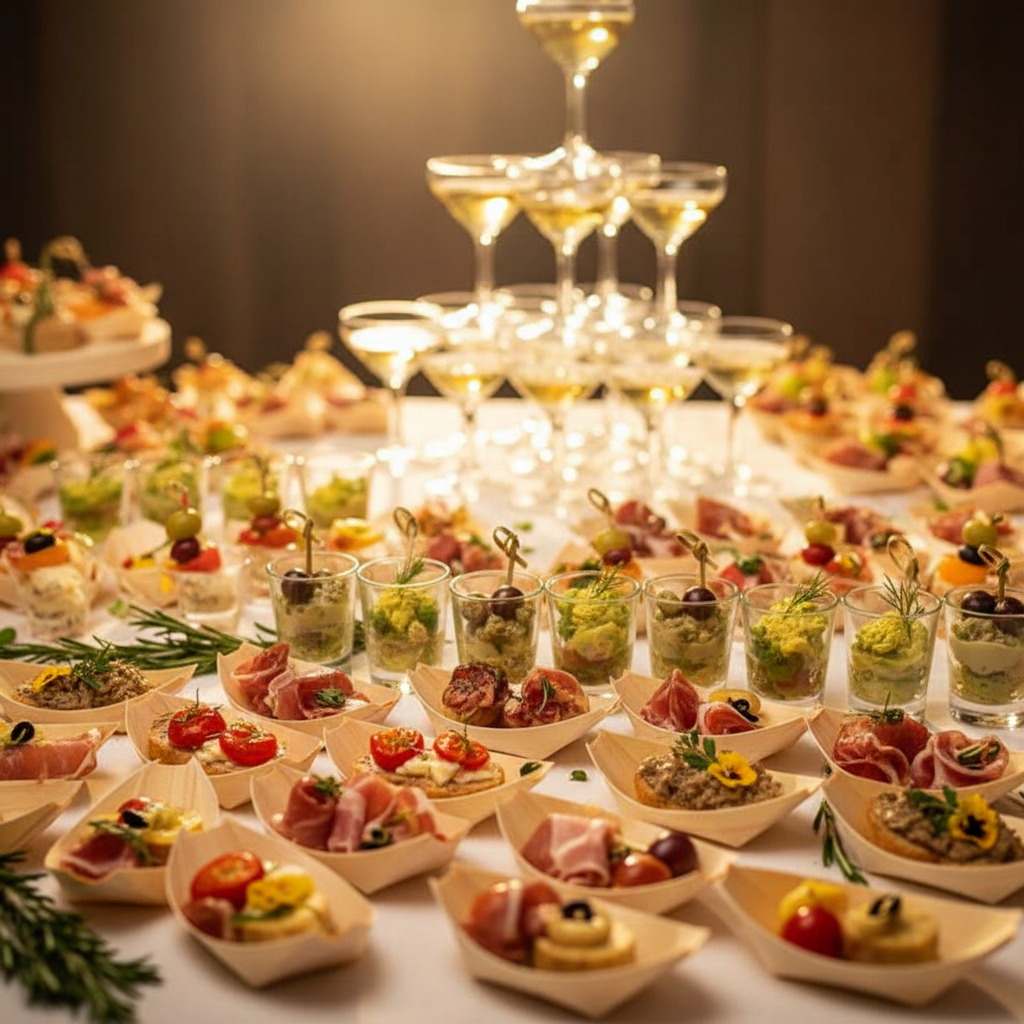 Barquettes bois écologiques sur buffet festif avec coupes de champagne, événement élégant