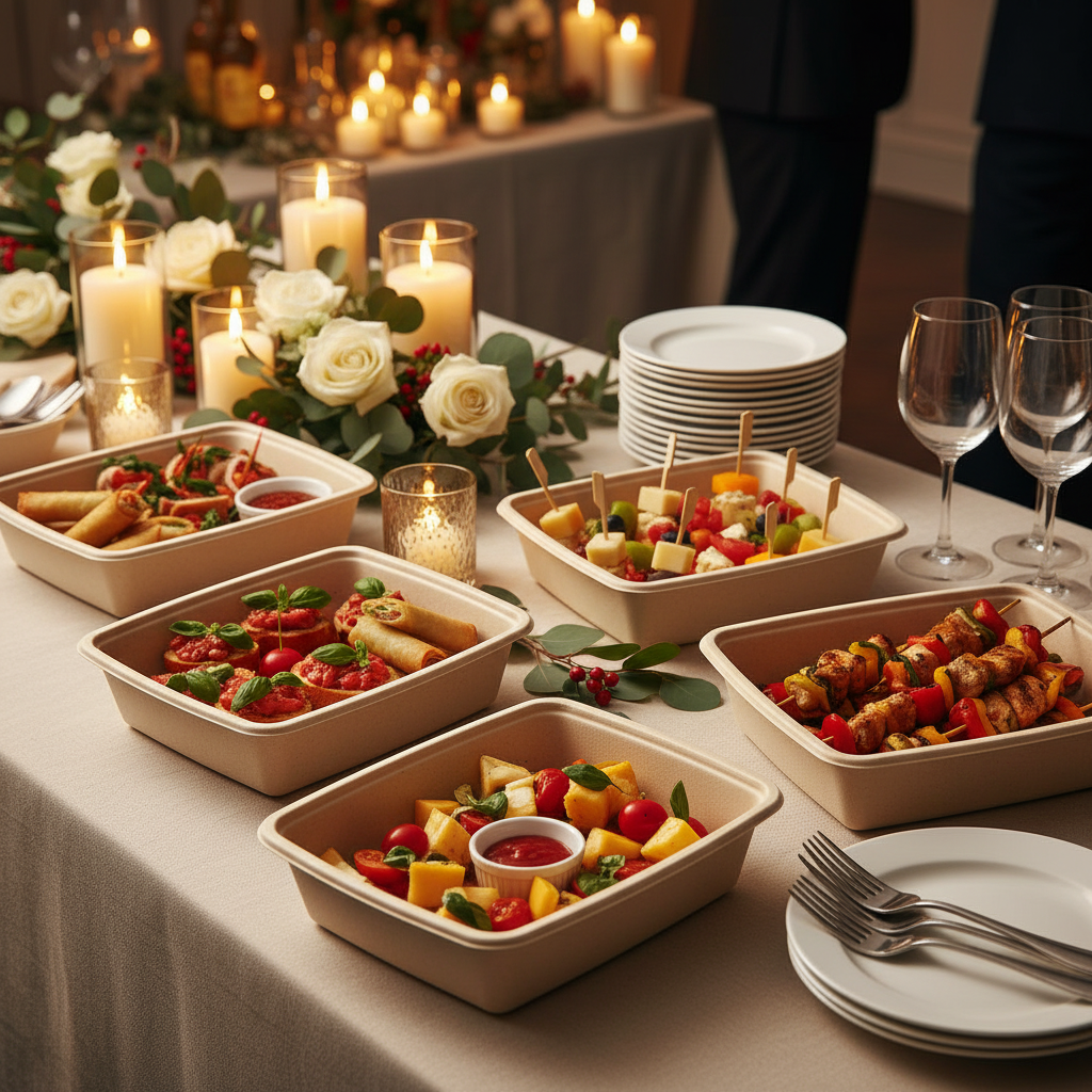 Barquette bagasse naturelle – buffet festif élégant