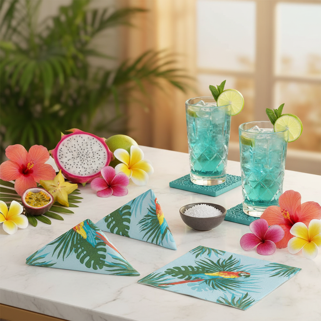 Serviette cocktail perroquet - mise en situation marbre