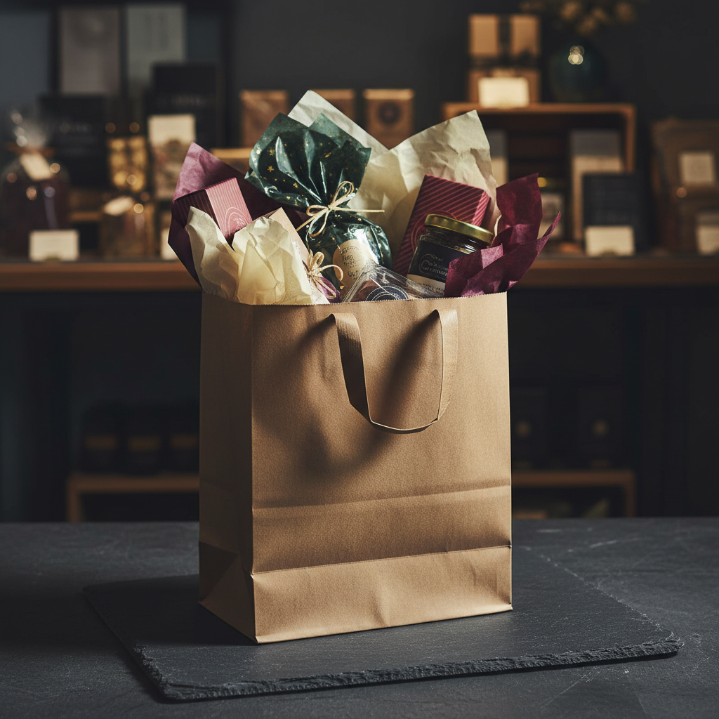 Sac kraft anses plates en contexte boutique élégante