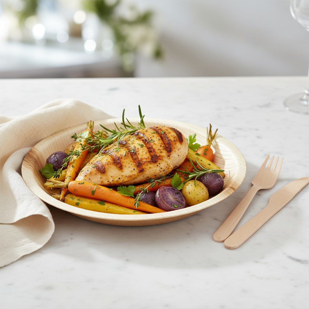 Assiette ronde palmier 24 cm avec poulet grills et légumes sur marbre blanc, réception mariage éco