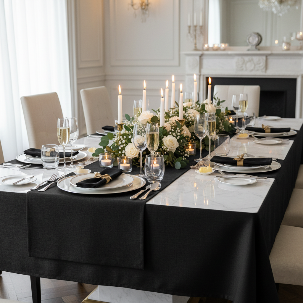 Nappe noire table marbre dîner festif