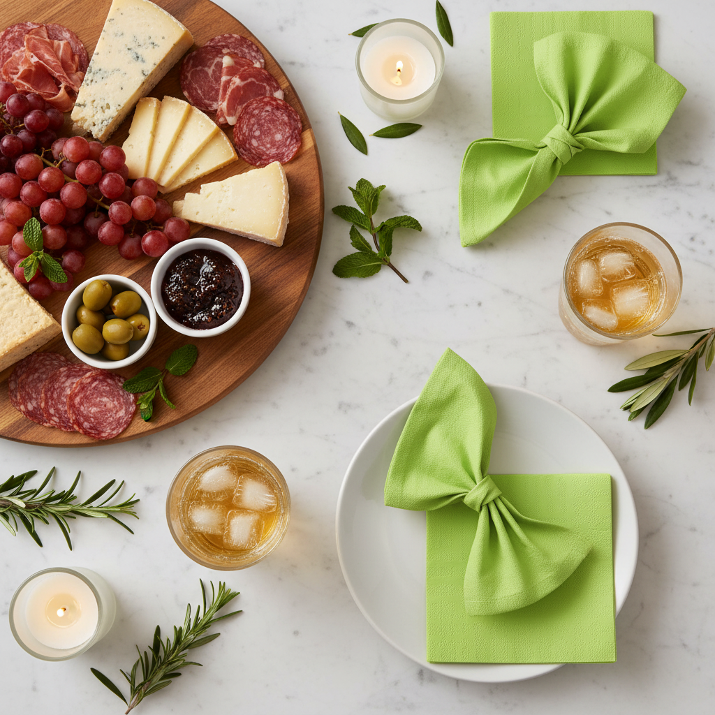 Serviette vert anis biodégradable - mise en situation marbre