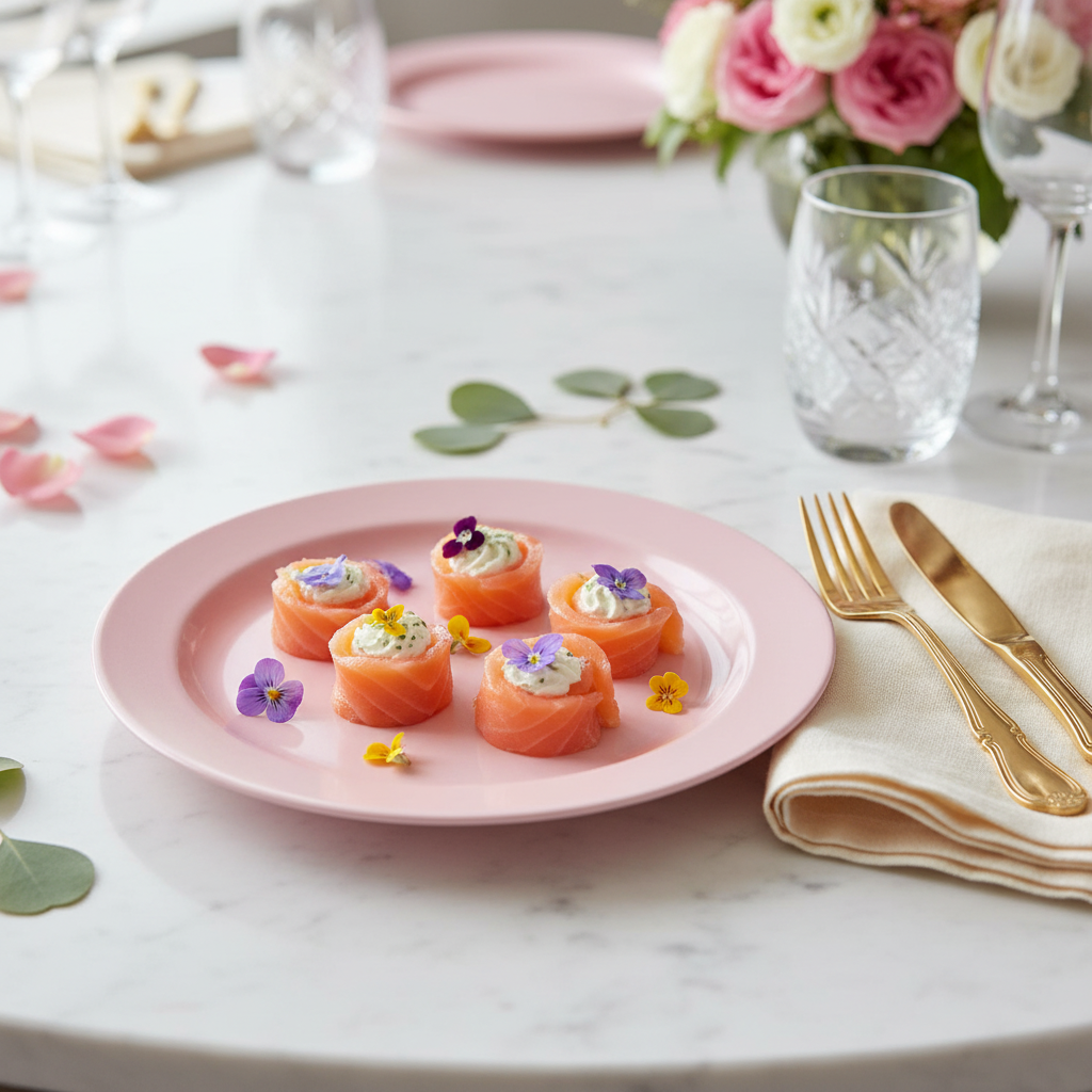 Assiette ronde rose pastel 24 cm avec saumon fumé en roses et fleurs comestibles sur marbre, bridal shower