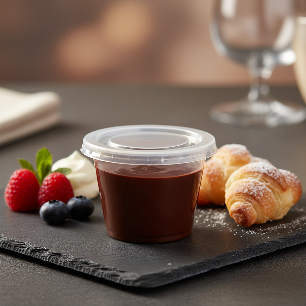 Couvercle transparent pot coulis sur ardoise dessert élégant