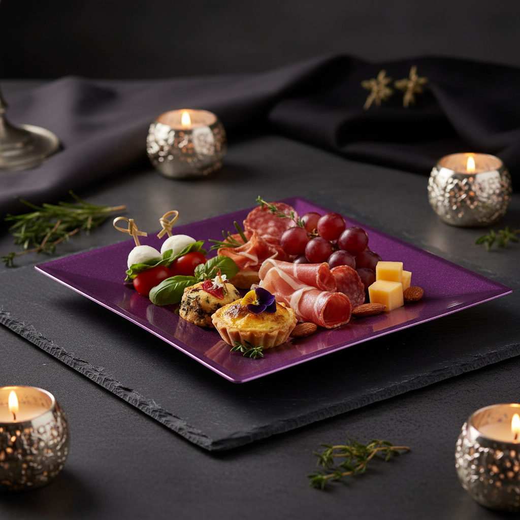 Assiette carrée pourpre pailletée 18cm sur ardoise avec canapés élégants