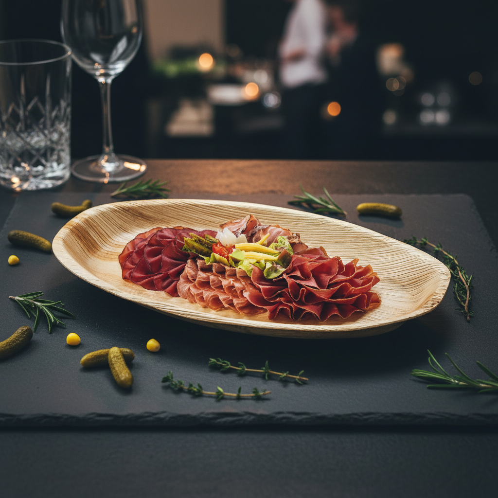 Plateau ovale en feuille de palmier biodégradable 30x20cm avec charcuterie sur ardoise
