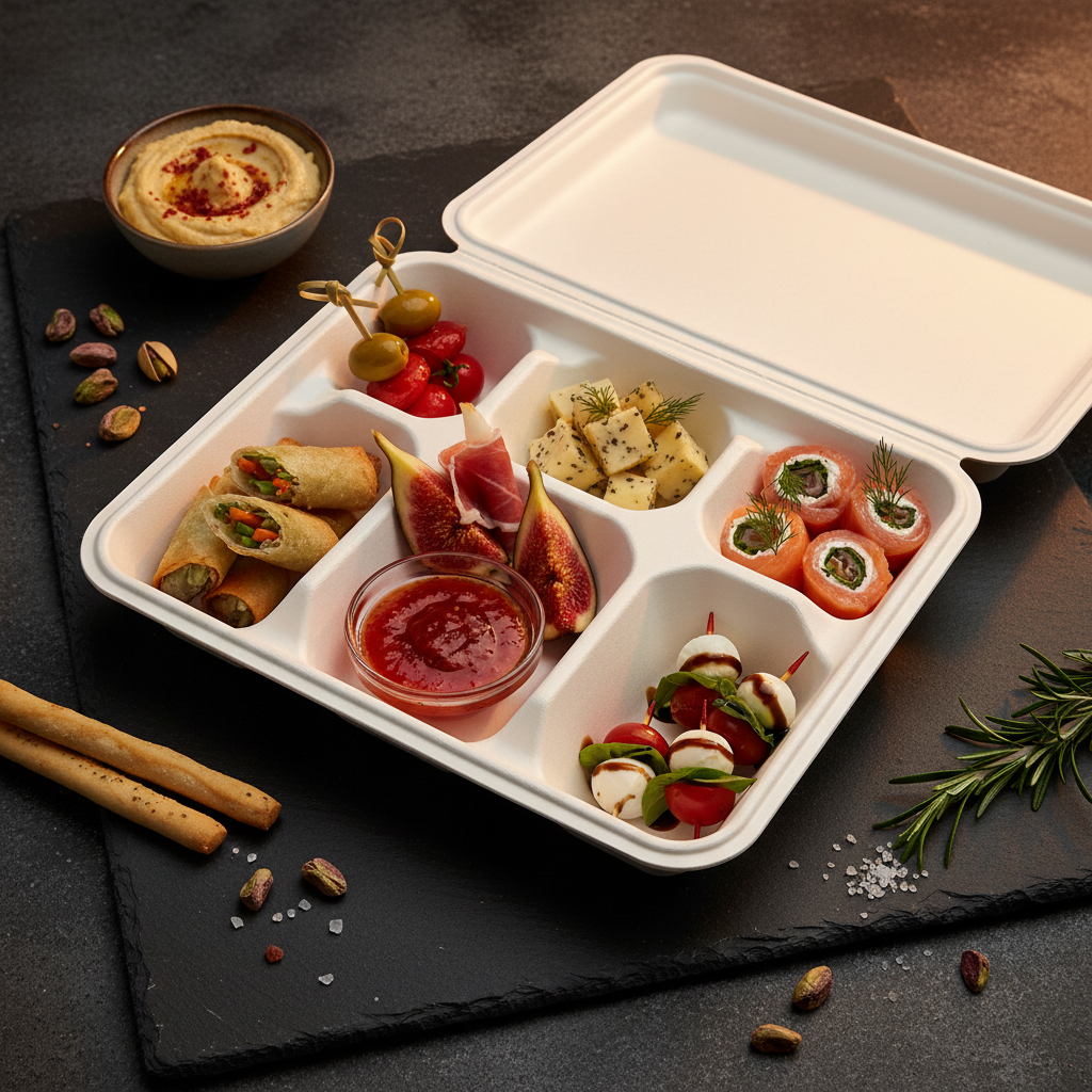 Couvercle écologique pour plateau 5 compartiments sur ardoise avec apéritif élégant