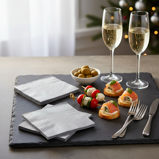 Serviette cocktail argent - mise en situation apéritif ardoise