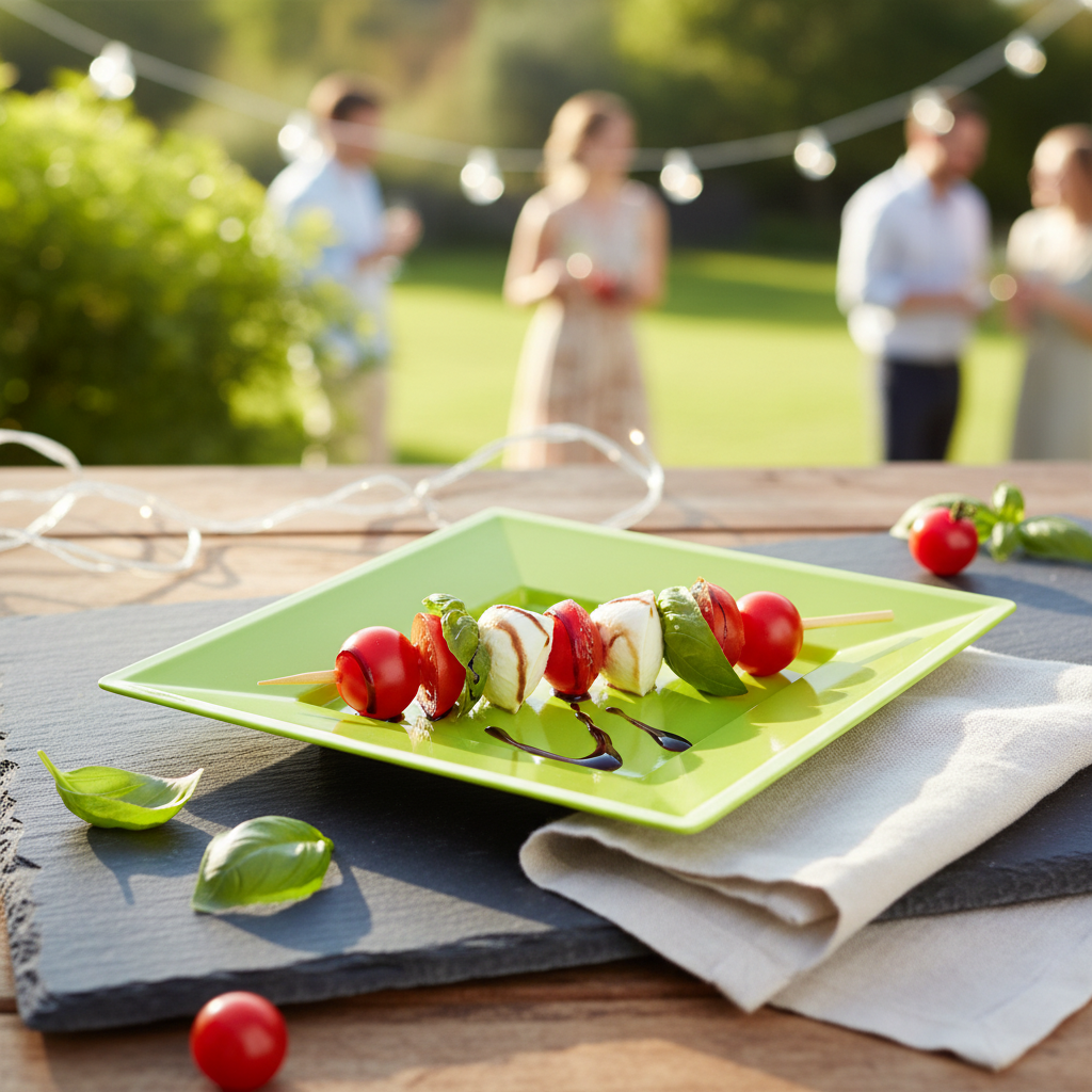 Assiette carrée vert anis 18 cm avec caprese basilic et tomates cerises sur ardoise, garden party
