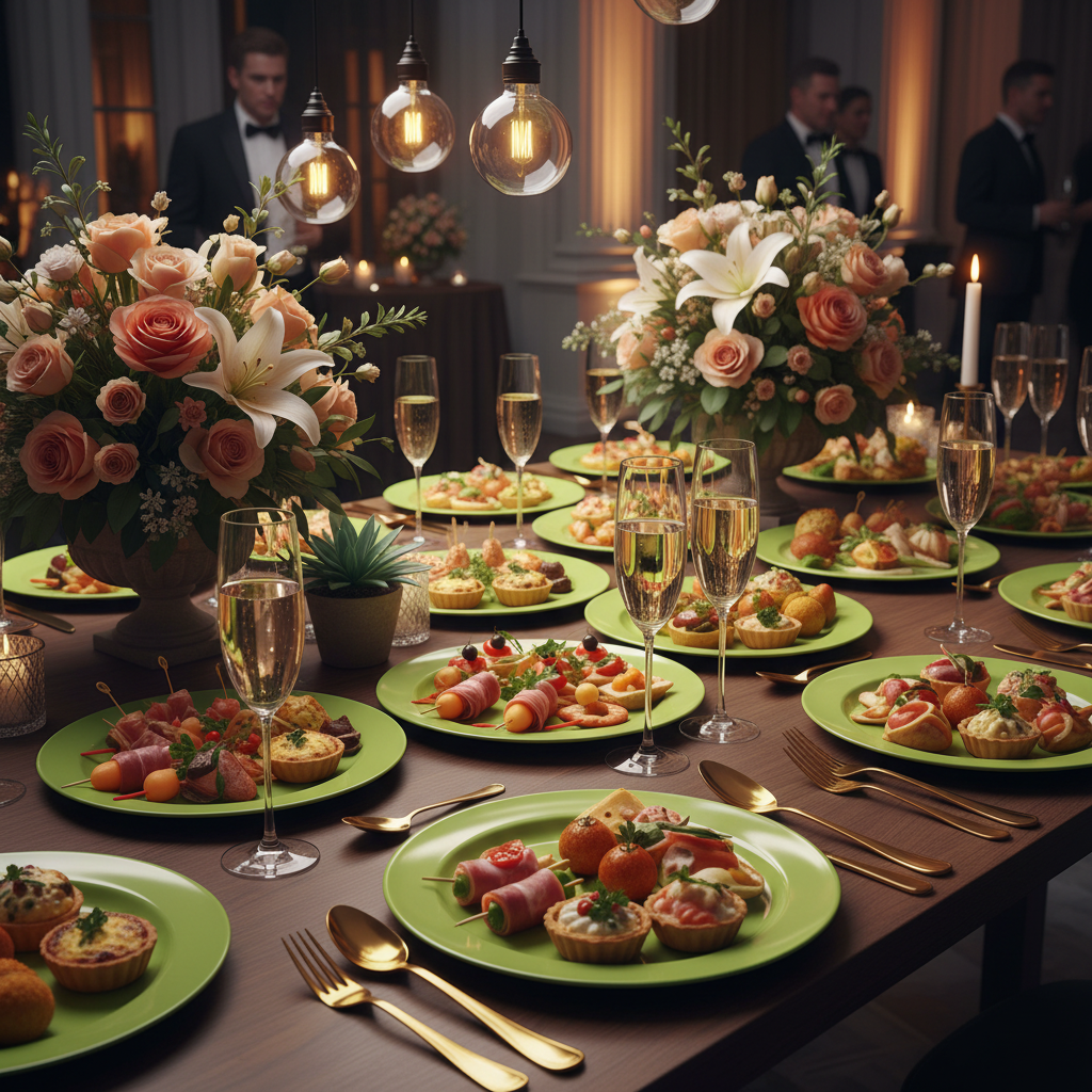 Assiettes rondes anis 24cm sur buffet festif avec champagne