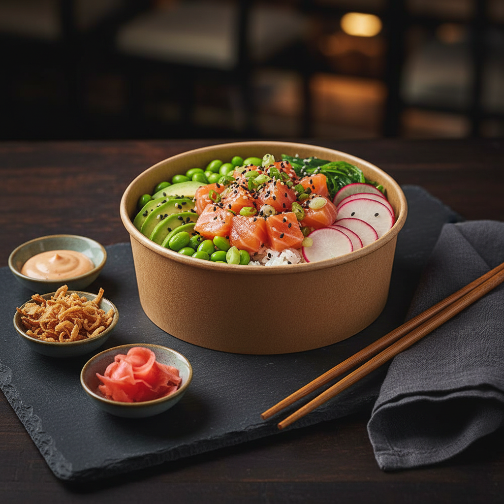 Bol kraft 750 ml – mise en situation sur ardoise avec poke bowl