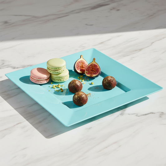Assiette carrée turquoise 24cm sur marbre avec macarons et figues