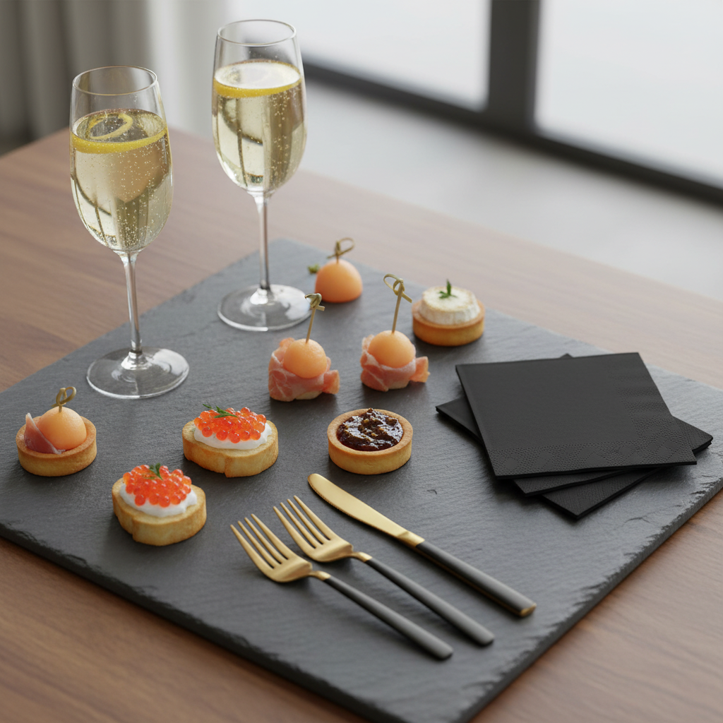 Serviette cocktail noire - mise en situation apéritif ardoise