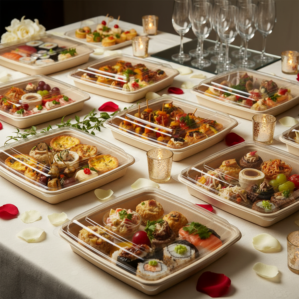 Barquettes be pulp carrées 23x23 cm sur buffet festif avec coupes de champagne